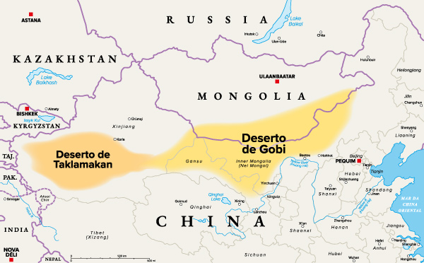 Mapa com localização do Deserto de Gobi.