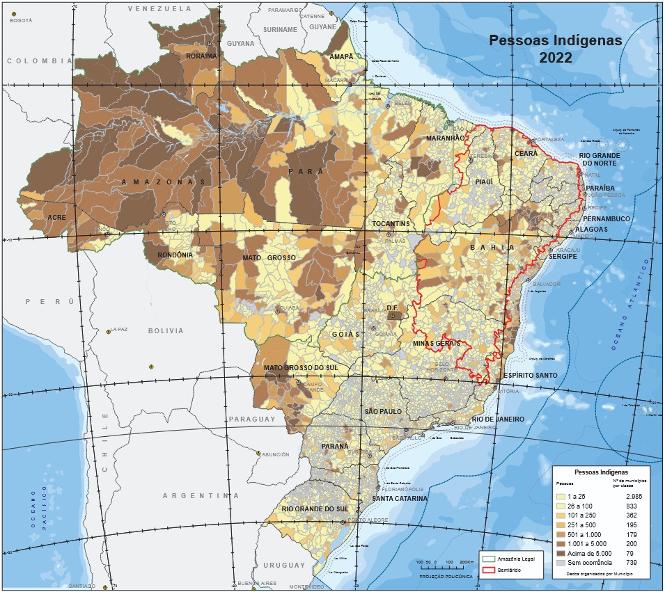 Mapa da distribuição da população indígena por município no Brasil, segundo o Censo 2022. Fonte: IBGE.