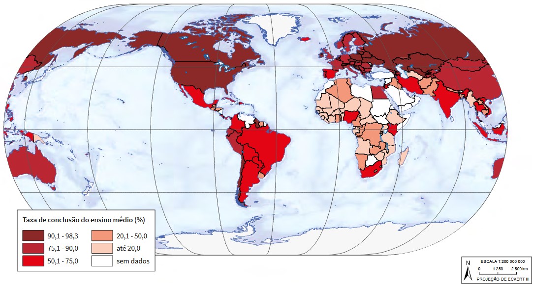 Mapa da taxa de conclusão do ensino médio em diferentes países do mundo. Fonte: IBGE.