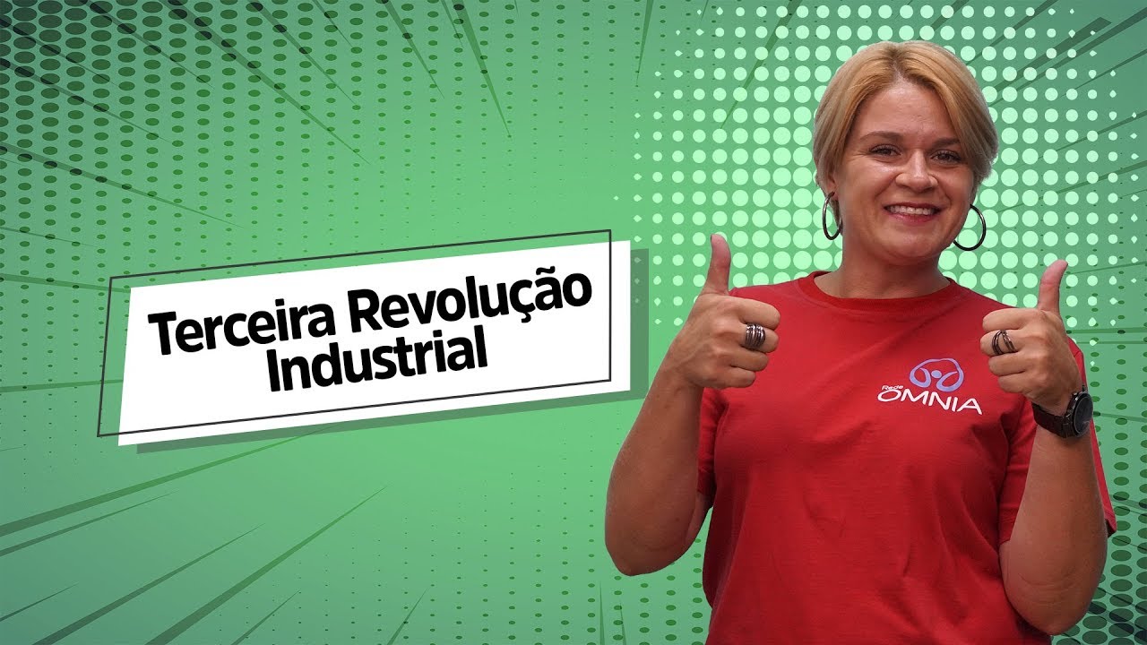 "Terceira Revolução Industrial" escrito sobre fundo verde ao lado da imagem da professora