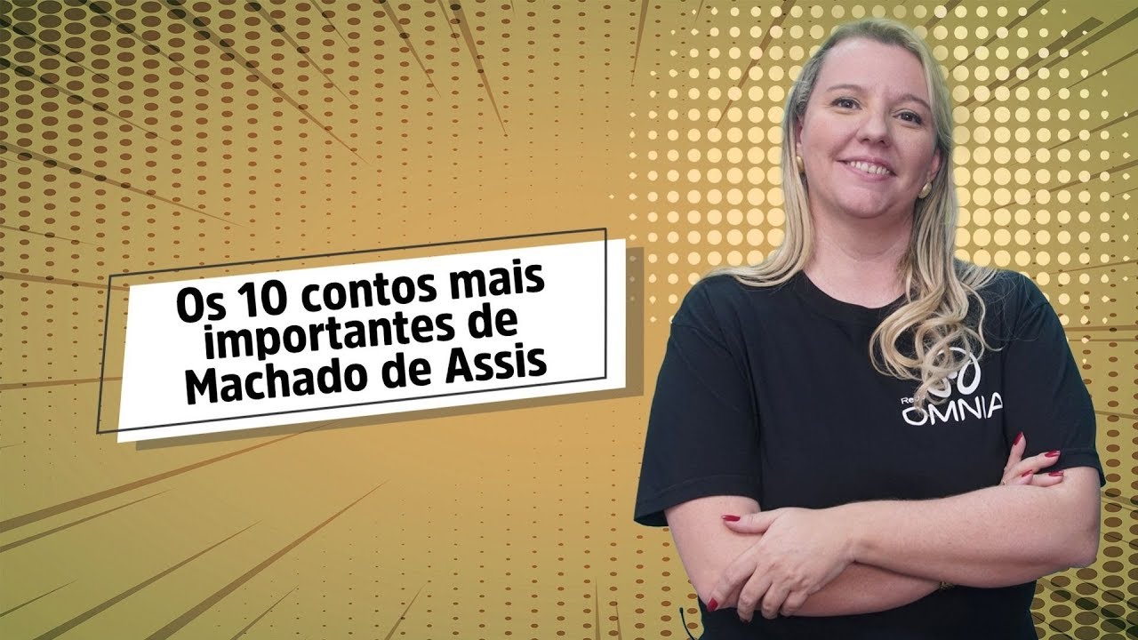 "Os 10 contos mais importantes de Machado de Assis" escrito sobre fundo amarelo ao lado da imagem da professora