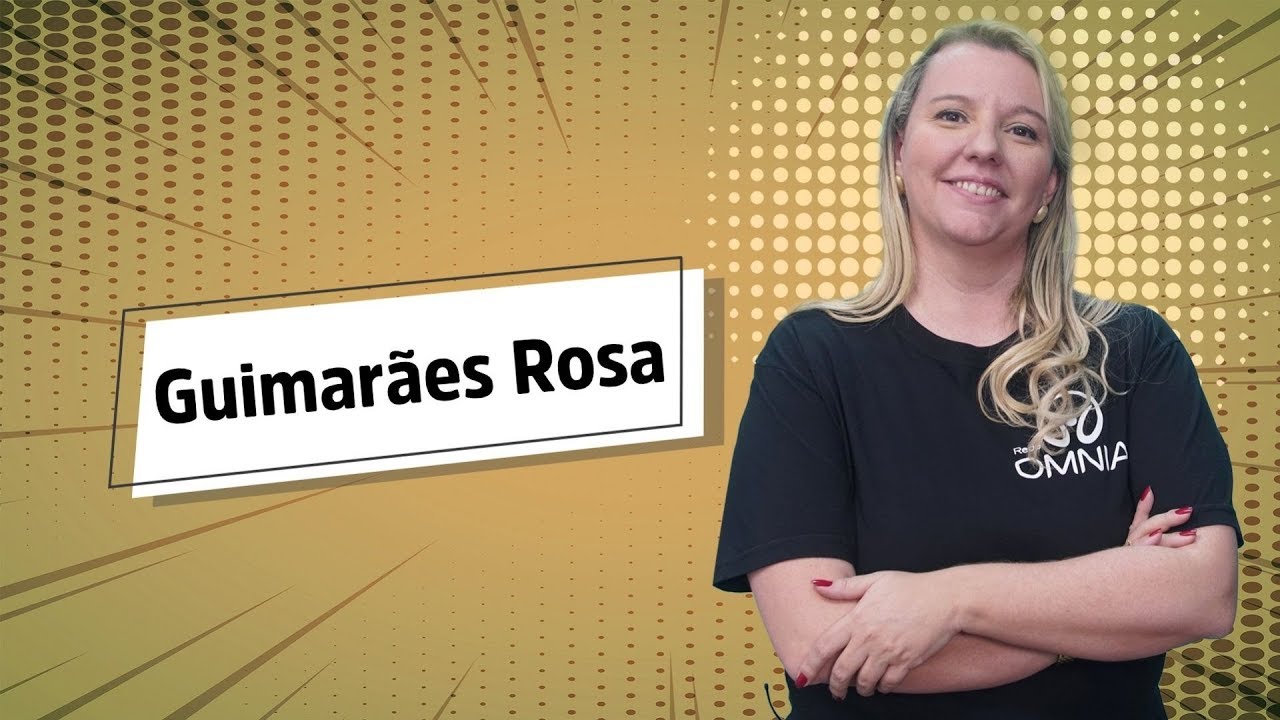 "Guimarães Rosa" escrito sobre fundo amarelo ao lado da imagem da professora