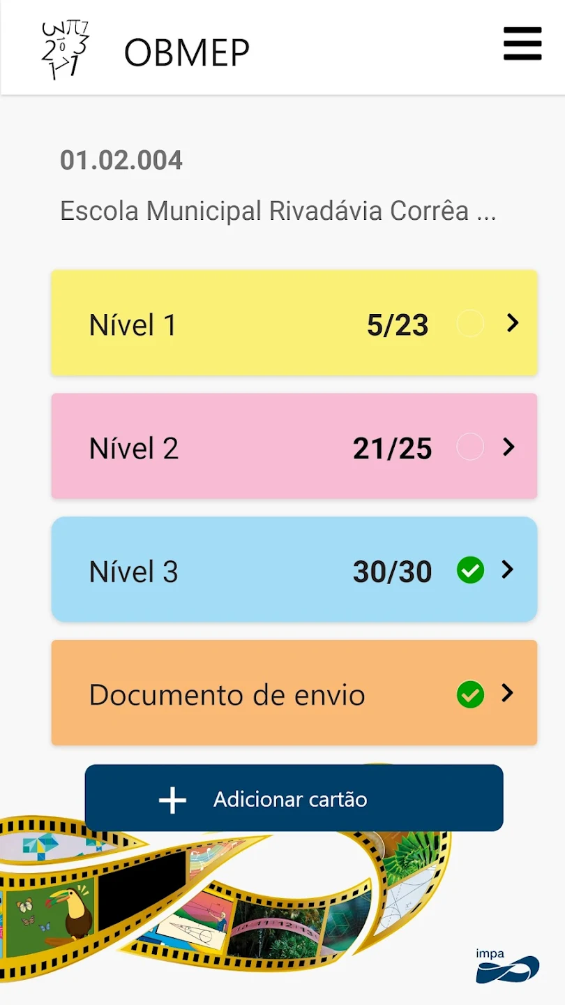 Tela de aplicativo da Obmep para escolas e professores