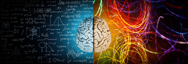 Cérebro entre abstrações matemáticas, à esquerda, e fios coloridos, à direita, em referência às ciências da natureza.