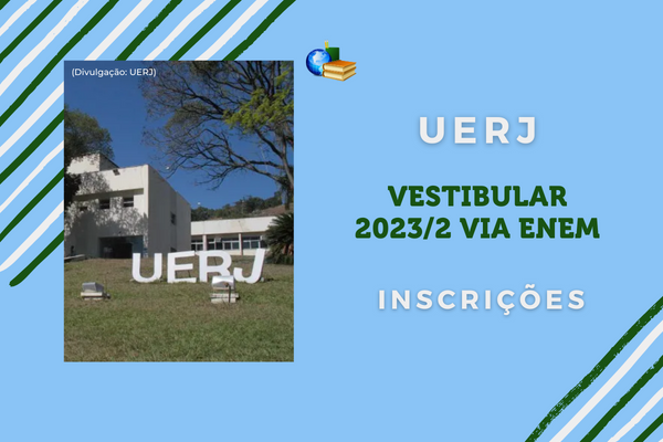 Fundo verde claro, na foto o prédio da UERJ. Texto Vestibular 2024