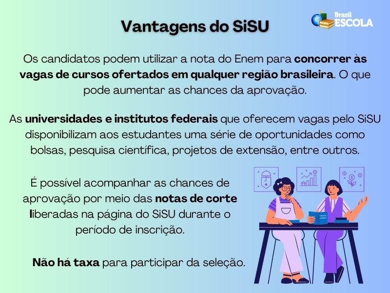 Fundo azul e verde claro. Lista com vantagens do SiSU