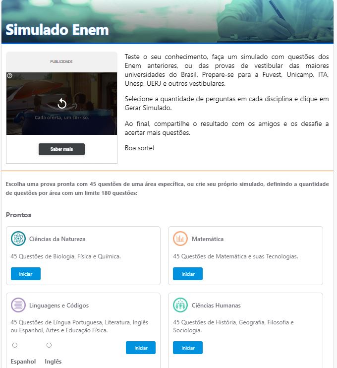 Página do simulado do Enem do Brasil Escola.
