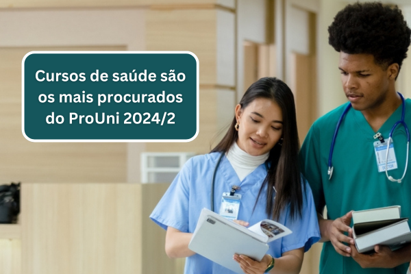 Dois estudantes de Medicina com livros. Na imagem, está escrito: Cursos de saúde são  os mais procurados  do ProUni 2024/2