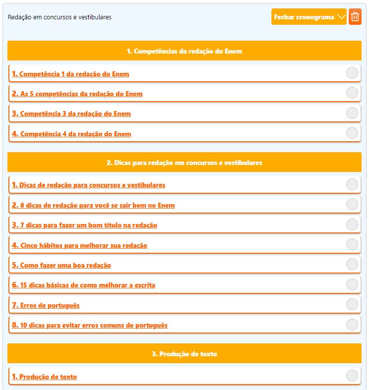 Página do cronograma de estudos do Brasil Escola para o Enem