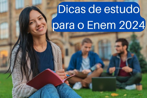 Mulher jovem estudando. Texto na imagem: “Dicas de estudo para o Enem 2024”.