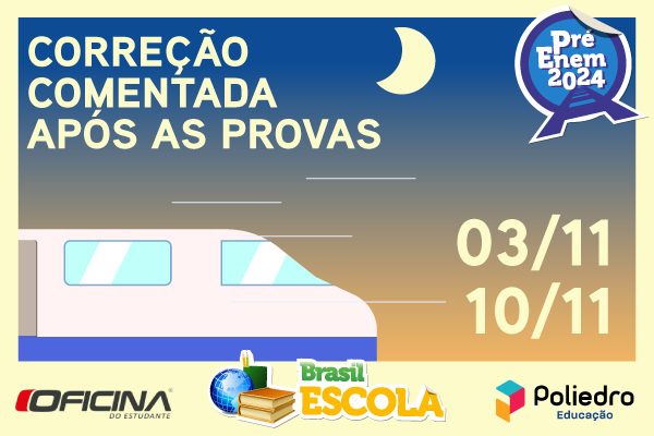 Fundo azul e amarelo com ilustração de trem, texto Correção Comentada após as provas