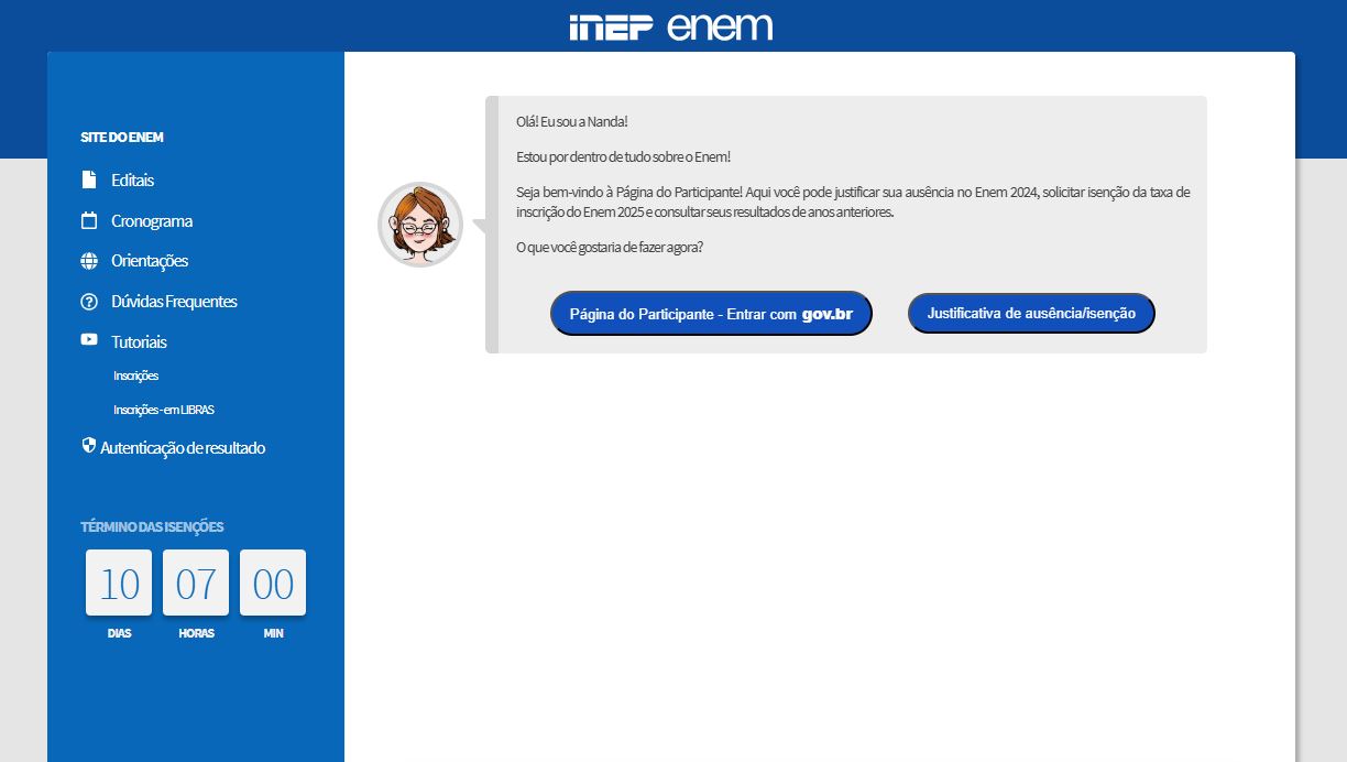 Página do participante do Enem