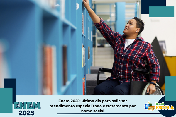 Foto: Estudante de cadeira de rodas pegando um livro em estante. Texto: título da notícia