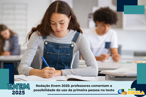 Redação Enem 2025 primeira pessoa Foto de estudante escrevendo em sala da aula. Texto: título da notícia