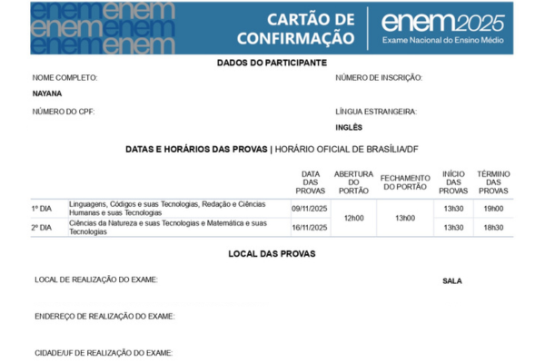 Cartão de confirmação Enem 2025