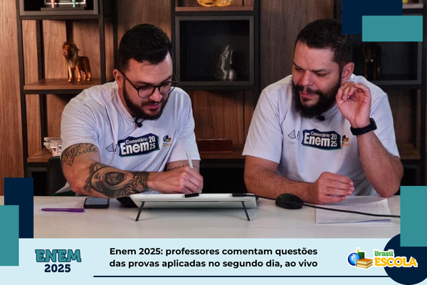 Professores na live do primeiro dia do Enem 2025. Texto: título da notícia.