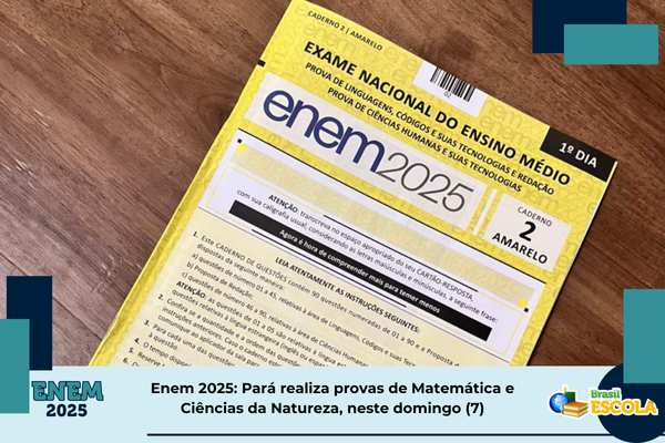 Foto dos cadernos de prova do Enem. Texto: título da notícia.