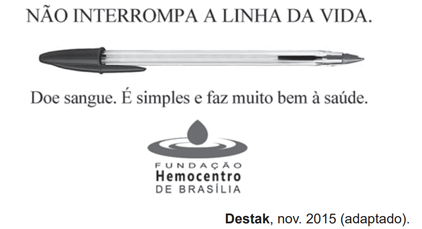 Campanha do Hemocentro em que se apresenta uma caneta de tinha vermelha associada a frases em prol da doação de sangue.