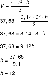 Cálculo de geratriz de cone com volume igual a 37,68 cm³ e raio da base igual a 3 cm