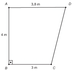 Representação de laboratório com formato de trapézio. Base maior mede 3,8 m; a menor, 3 m; e a altura, 4 m.