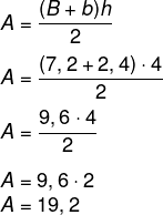 Cálculo de área de trapézio com base maior igual a 7,2, base menor de 2,4 e altura igual a 4