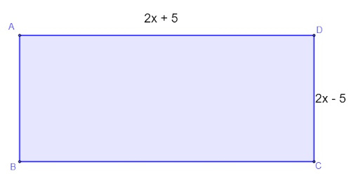 Ilustração de um retângulo roxo claro com base no valor de 2x + 5 e altura no valor de 2x – 5.