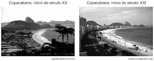 Imagem comparando Copacabana no início do século XX e no início do século XXI.