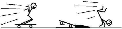 Ilustração traz garoto sobre skate em movimento e, depois, sua queda.