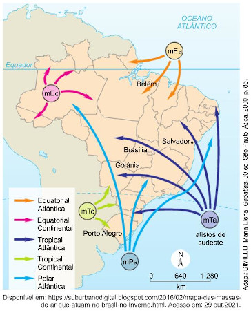 Mapa apontando as massas de ar que atuam no Brasil no inverno.