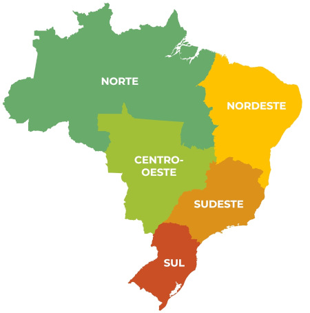 Mapa do Brasil, com indicação das regiões de acordo com o IBGE.