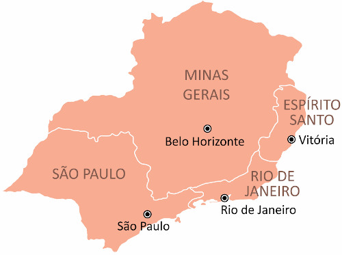 Mapa da região Sudeste do Brasil, com a divisão dos estados e a indicação de suas respectivas capitais.