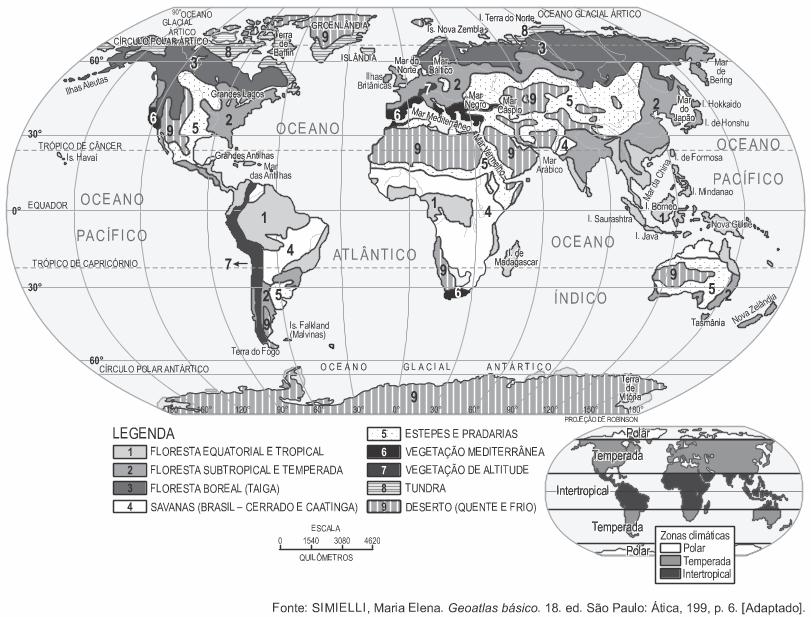  Mapa-múndi das vegetações da Terra ao lado do mapa-múndi das zonas térmicas (climáticas) da Terra em uma questão da UEG.