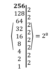 Decomposição do número 256 em fatores primos em um exercício sobre radiciação.