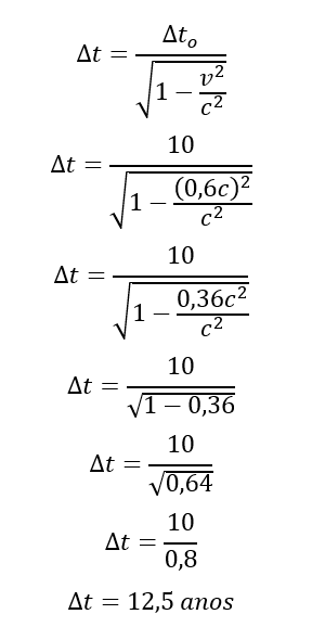 Cálculo do o intervalo de tempo próprio medido por quem está em uma nave em movimento, na questão 11 sobre relatividade.