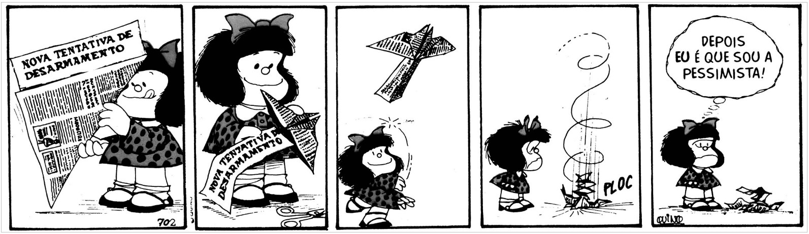 Tirinha da Mafalda sobre desarmamento em questão de interpretação de texto do Enem.