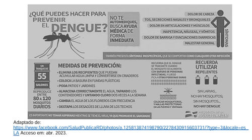 Cartaz com orientações sobre combate à dengue escritas em espanhol.