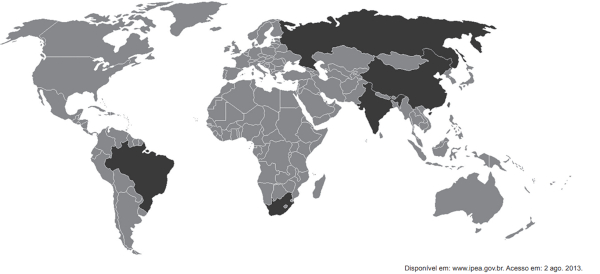 Mapa-múndi do Instituto de Pesquisa Econômica Aplicada (Ipea) com países destacados em exercício do Enem sobre o Brics.