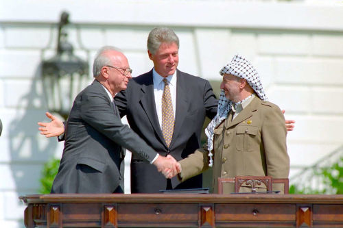 Líder de Israel e da Palestina apertando as mãos na frente do presidente dos EUA os em exercício sobre Questão Palestina.