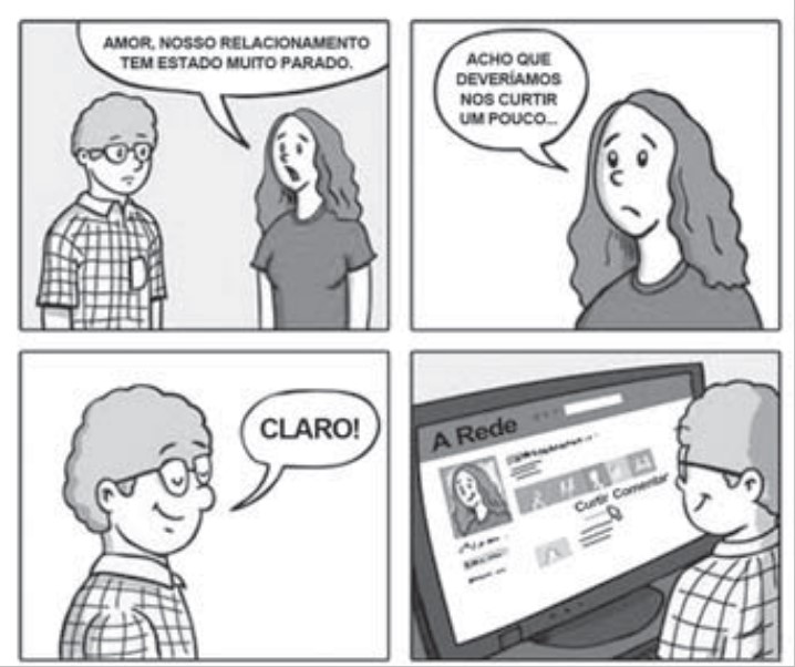 Tirinha sobre relacionamento afetivo em exercício do Enem sobre linguagem verbal e sobre linguagem não verbal.