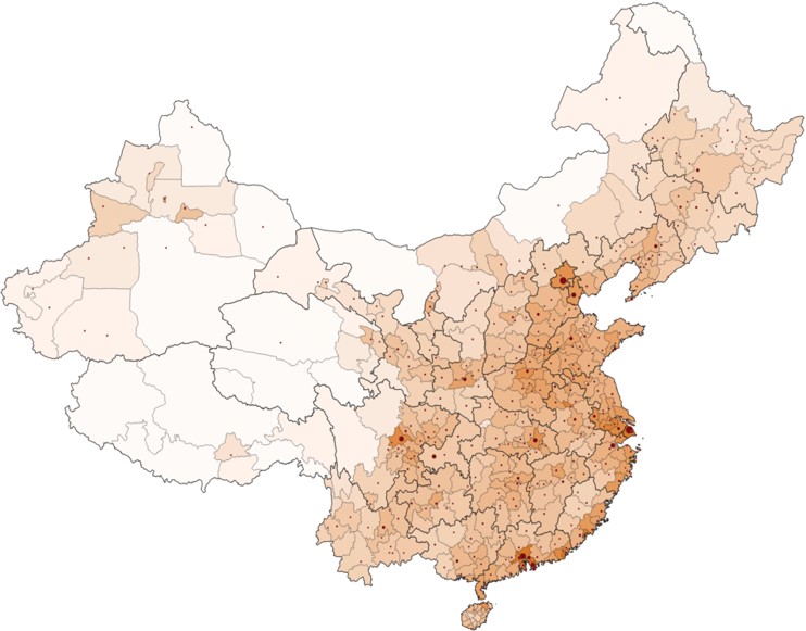 Mapa da distribuição da população da China em exercício sobre a população da China.
