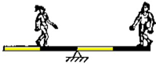 Duas pessoas em uma gangorra, ilustração usada em um exercício sobre estática.