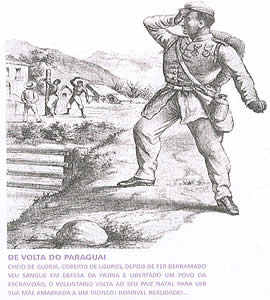 Gravura de volta do Paraguai de Ângelo Agostini (1843-1910), retratando a contradição da luta dos negros na guerra