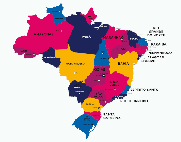 Mapa do Brasil com a divisão dos estados e suas capitais.