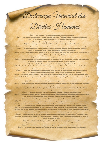 Ilustração de pergaminho contendo os artigos da Declaração Universal dos Direitos Humanos.