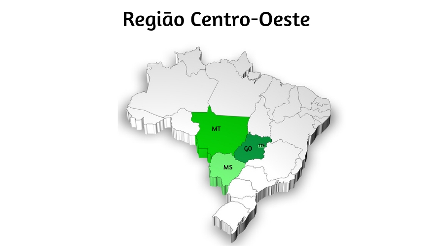 Mapa do Brasil com destaque em verde na Região Centro-Oeste