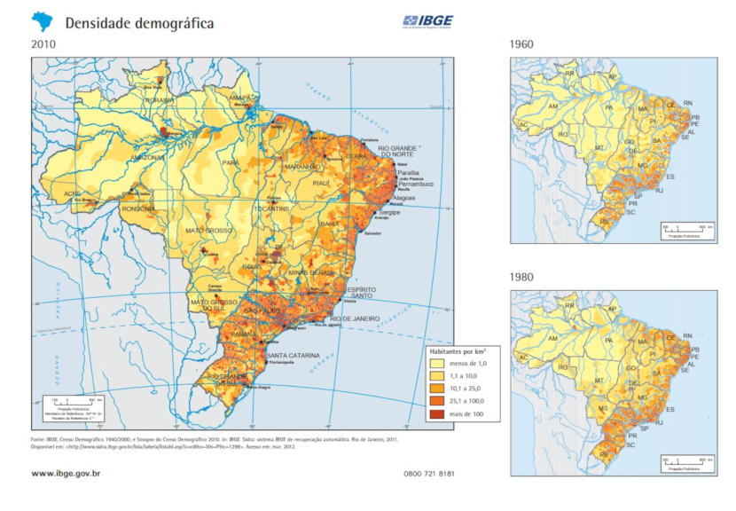 O mapa da densidade demográfica no Brasil mostra as áreas mais povoadas e as menos povoadas. Fonte: Instituto Brasileiro de Geografia e Estatística (IBGE)
