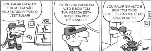 ersonagem usando boné em uma tirinha, em exercícios sobre pragmática.