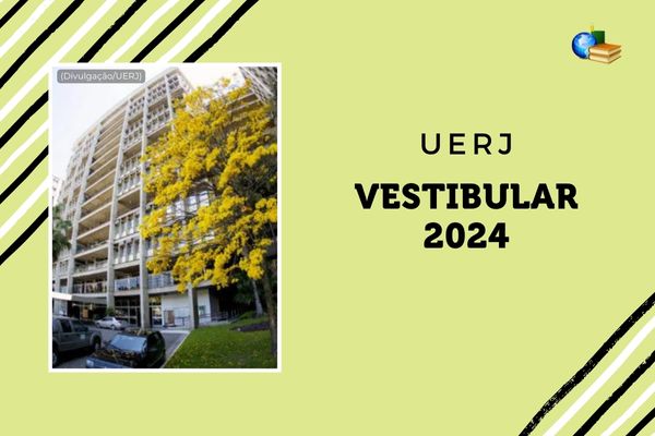 Fundo verde claro, na foto o prédio da UERJ. Texto Vestibular 2024