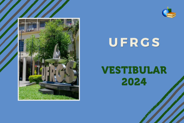 Fundo azul, foto do letreiro da UFRGS, Texto UFRGS Vestibular 2024