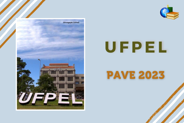 Campu da UFPel sob fundo azul claro ao lado do texto - UFPEL PAVE 2023
